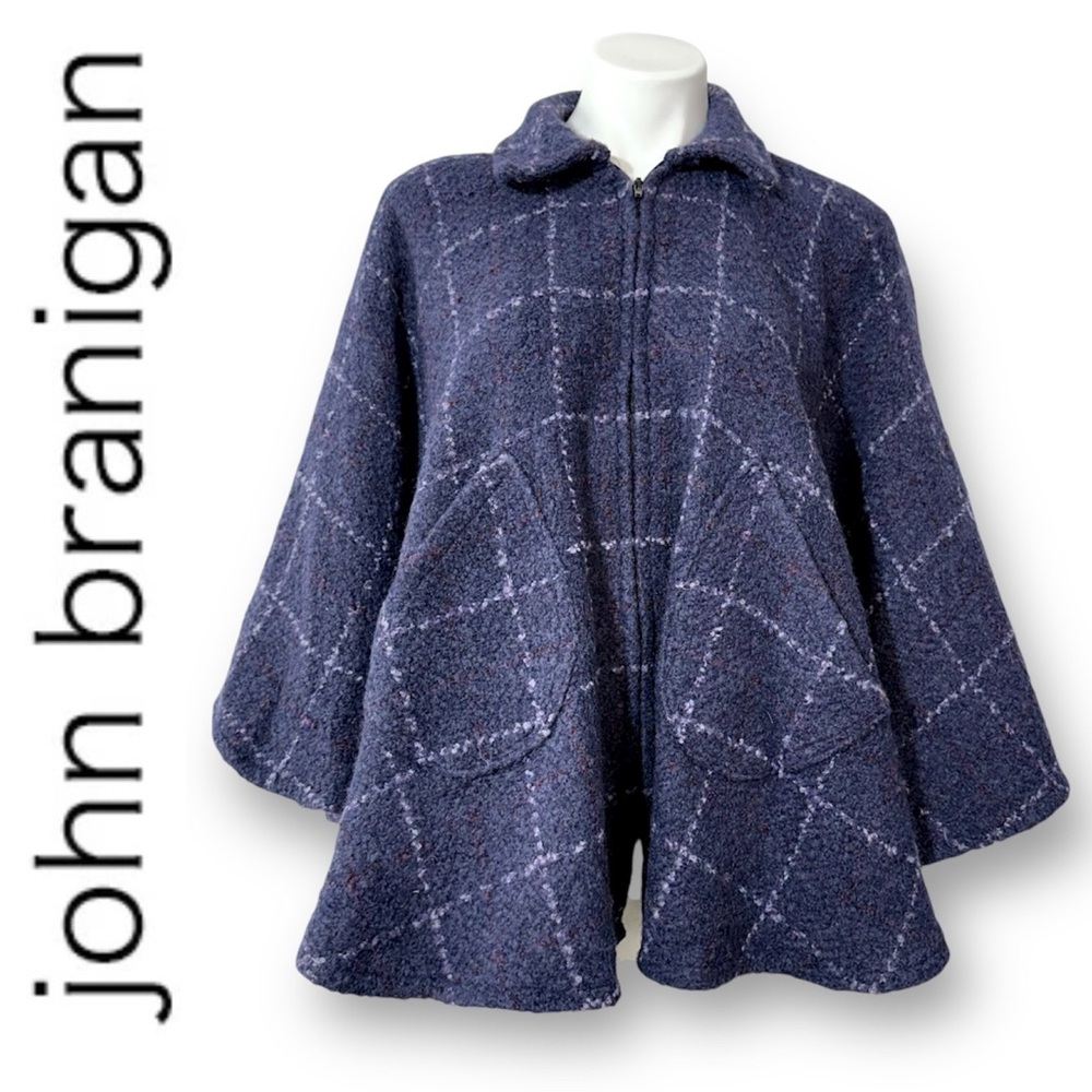 John Branigan Weavers Ireland Poncho Cape Jacket Blue Plaid Wool Tweed Boucle OS - Picture 3 of 16